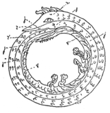 Ouroboros was and is the name for the Great World Serpent, encircling the earth. The word 'Ouroboros' is really a term that describes a similar symbol that has been cross-pollinated from many different cultures. From "Ouroboros," there is the serpent or dragon gnawing at its own tail. The symbolic connotation from this owes to the returning cyclical nature of the seasons; the oscillations of the night sky; self-fecundation; truth and cognition complete; the potential before the spark of creation; the undifferentiated; the Totality; and the idea of the beginning and the end as being a continuous unending principle. It represents the conflict of life as well in that life comes out of life and death. 'My end is my beginning.' In a sense life feeds off itself, thus there are good and bad connotations that can be drawn. It is a single image with the entire actions of a life cycle - it begets, weds, impregnates, and slays itself, but in a cyclical sense, rather than linear. Thus, it fashions our lives to a totality more towards what it may really be - a series of movements that repeat. "As Above, So Below" - we are born from nature, and we mirror it because it is what man wholly is a part of. (Copyright © 1997. John N. Harris, M.A.(CMNS))