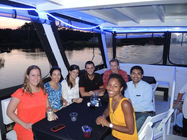 Carolina Doerrier, Maria Pino, Verena Laner, Matthew Longo, Anders Gudiksen, Naeem Patil and Natalie Stephens enjoying the boat trip